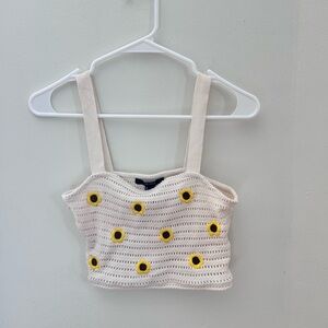 Forever 21 Cream Crocheted Crop Top with Yellow Sunflower Embroidery